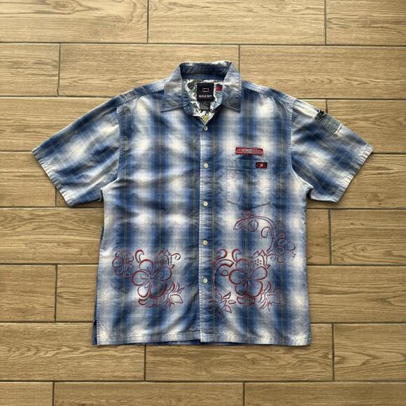 Y2K Bugle Boy Hawaiian blue and white plaid button-up shirt - Picture 1 of 7